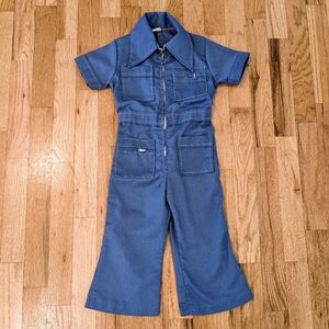 Vintage Jumpsuit Toddler 3T Blue Romper Retro Disco Montgomery Ward Made USA 70s